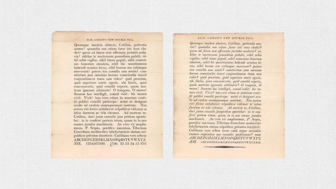 Próbki historycznego kroju pisma Caslon New Double Pica autorstwa Johna Isaaca Drury’ego z końca XVIII wieku, prezentujące wczesny brytyjski styl modern i wysoki kontrast liter charakterystyczny dla typografii Brunel.