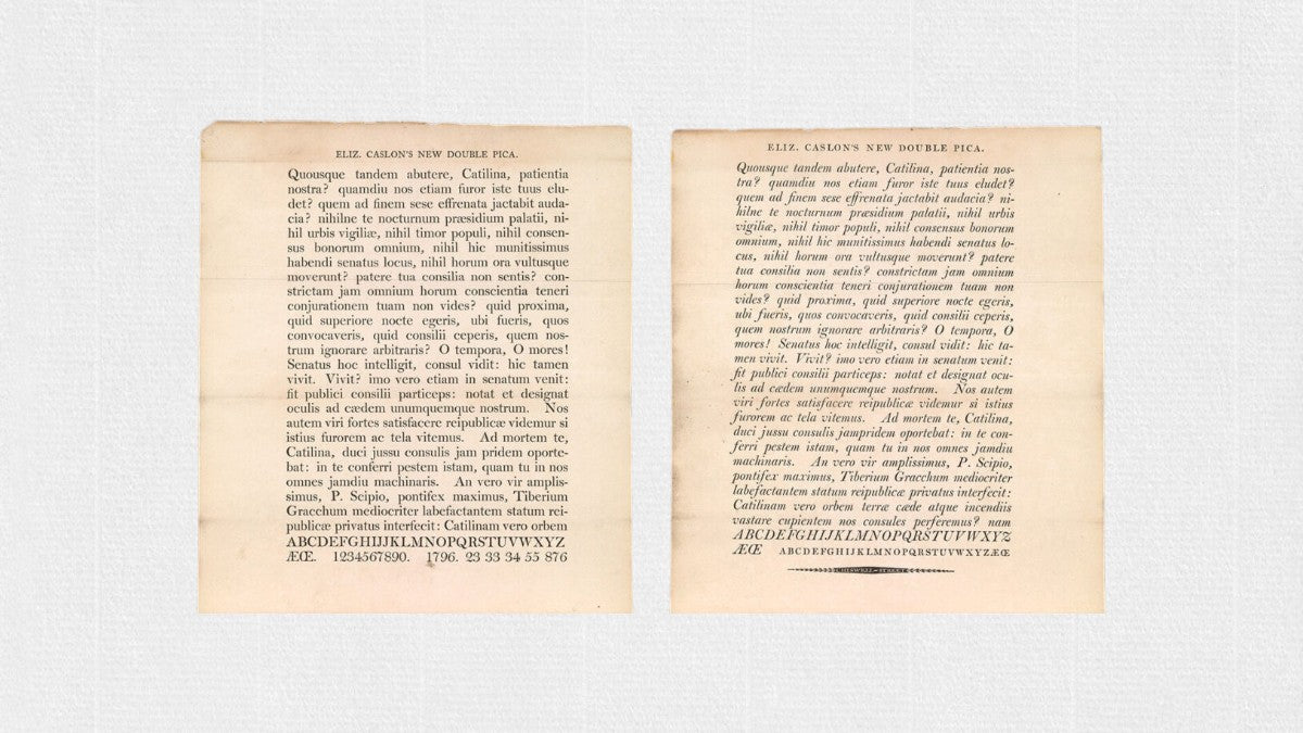 Próbki historycznego kroju pisma Caslon New Double Pica autorstwa Johna Isaaca Drury’ego z końca XVIII wieku, prezentujące wczesny brytyjski styl modern i wysoki kontrast liter charakterystyczny dla typografii Brunel.
