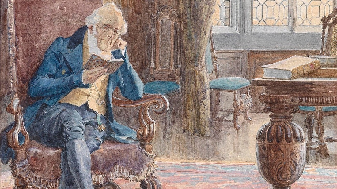 Starszy mężczyzna siedzący w klasycznym wnętrzu biblioteki czyta niewielką książkę. Akwarelowa scena przedstawia elegancki XIX-wieczny salon z drewnianymi meblami, stołem i oprawionymi woluminami w tle.