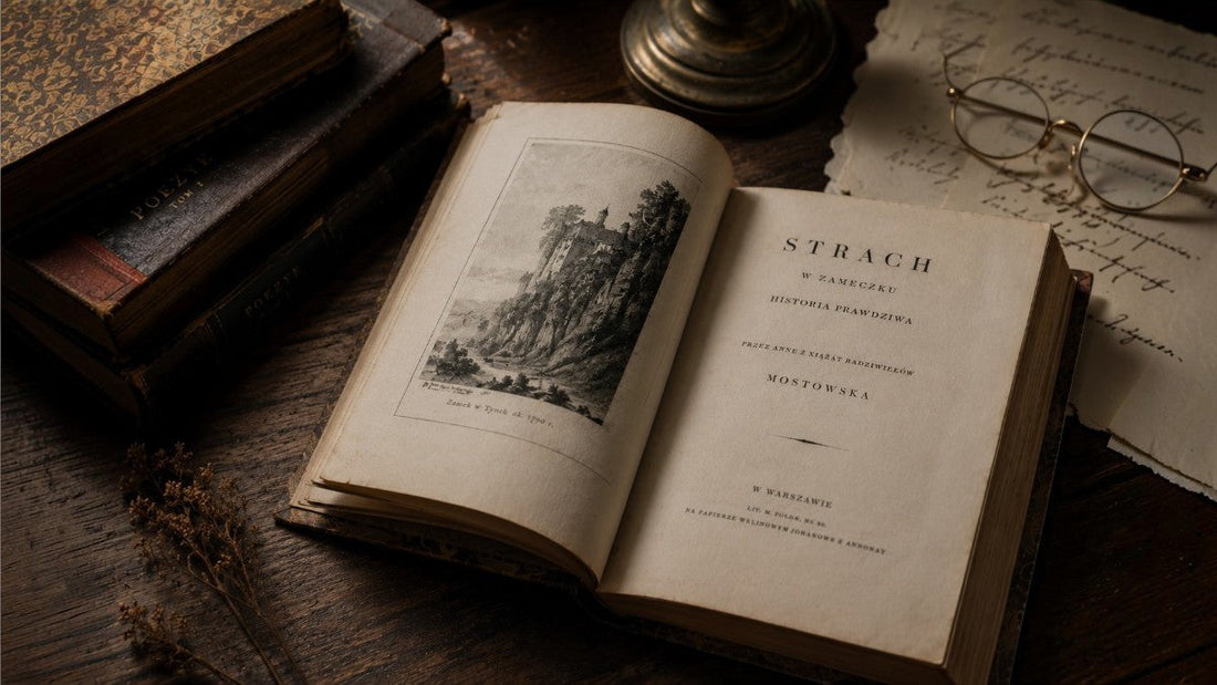 Otwarte kolekcjonerskie wydanie „Strachu w Zameczku” Anny Mostowskiej wydrukowane przez Rambler Press, z widoczną klasyczną typografią, ilustracją zamku i klimatycznym oświetleniem inspirowanym dawną sztuką książki.