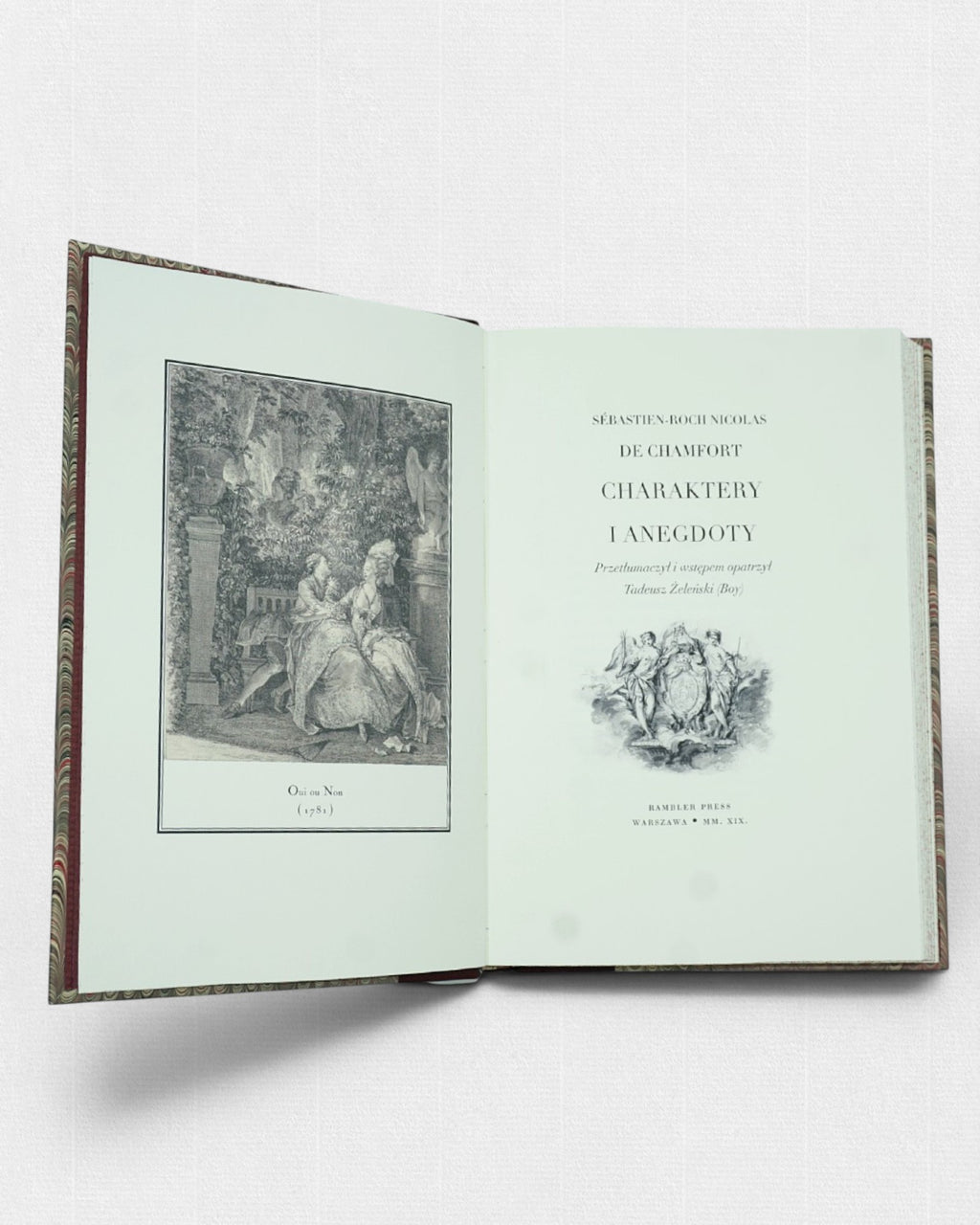 Charaktery i anegdoty Chamforta – otwarta książka z kartą tytułową i klasyczną ilustracją rytowniczą autorstwa Moreau le Jeune, eleganckie wydanie Rambler Press