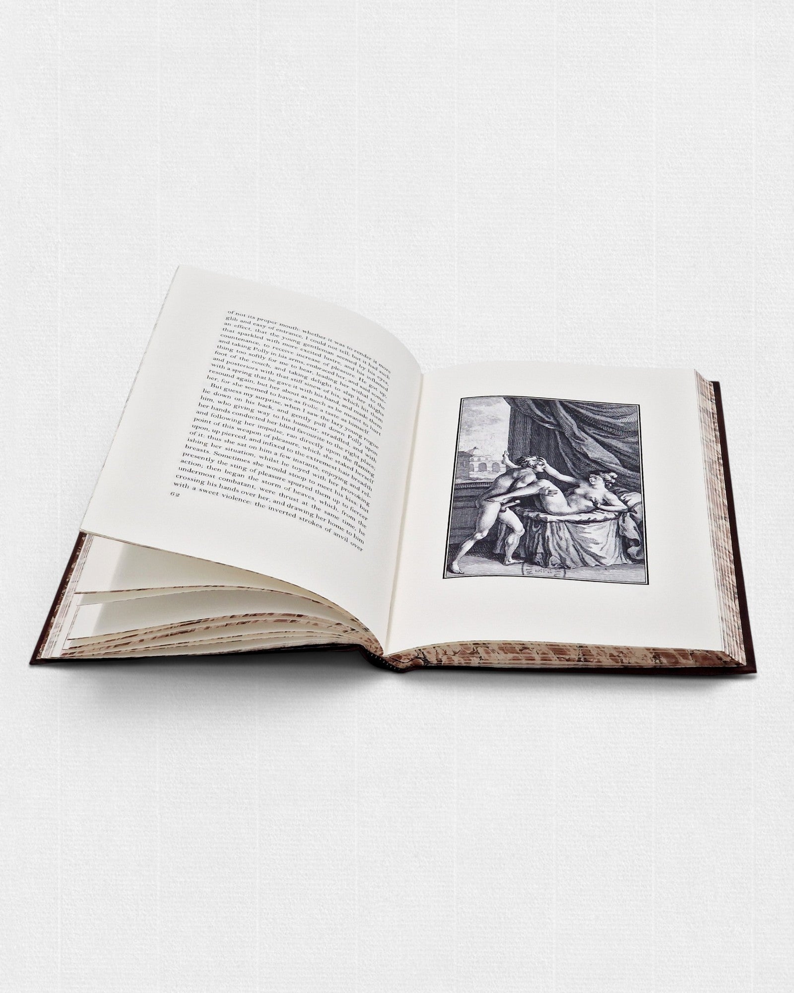 Fanny Hill Johna Clelanda – książka bibliofilska Rambler Press, otwarty tom z ilustracją XVIII wieku, papier Century Laid i typografia Monotype Bell