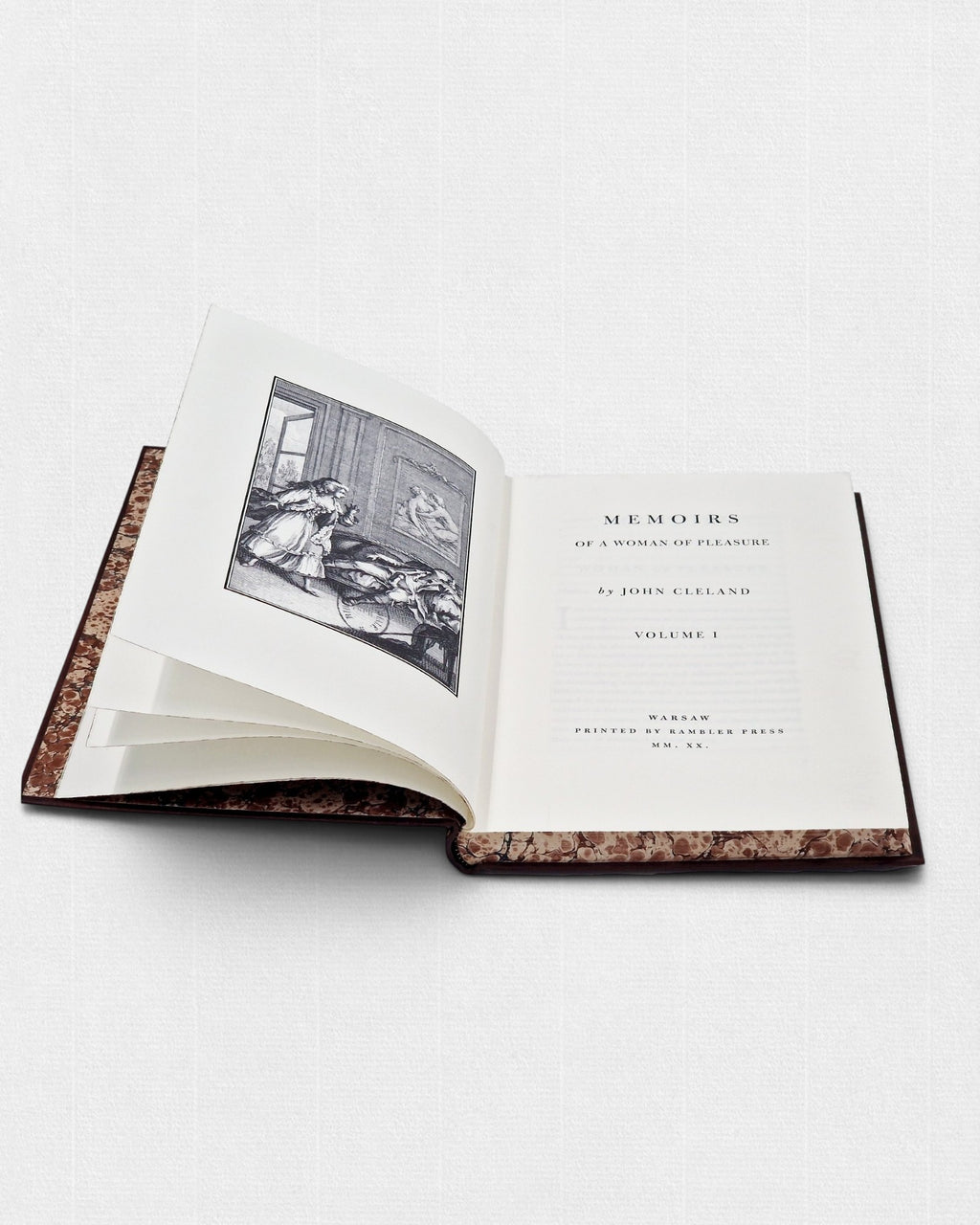 Fanny Hill Johna Clelanda – wydanie bibliofilskie Rambler Press, otwarty tom z ilustracją XVIII wieku, papier Century Laid i typografia Monotype Bell