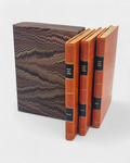 Kolekcjonerskie wydanie „Frankensteina” Mary Shelley przygotowane przez Rambler Press — trzy tomy w ręcznej, skórzanej oprawie z tłoczeniami i etui z papieru marmurkowego, inspirowane tradycją fine press i dawną sztuką introligatorską.