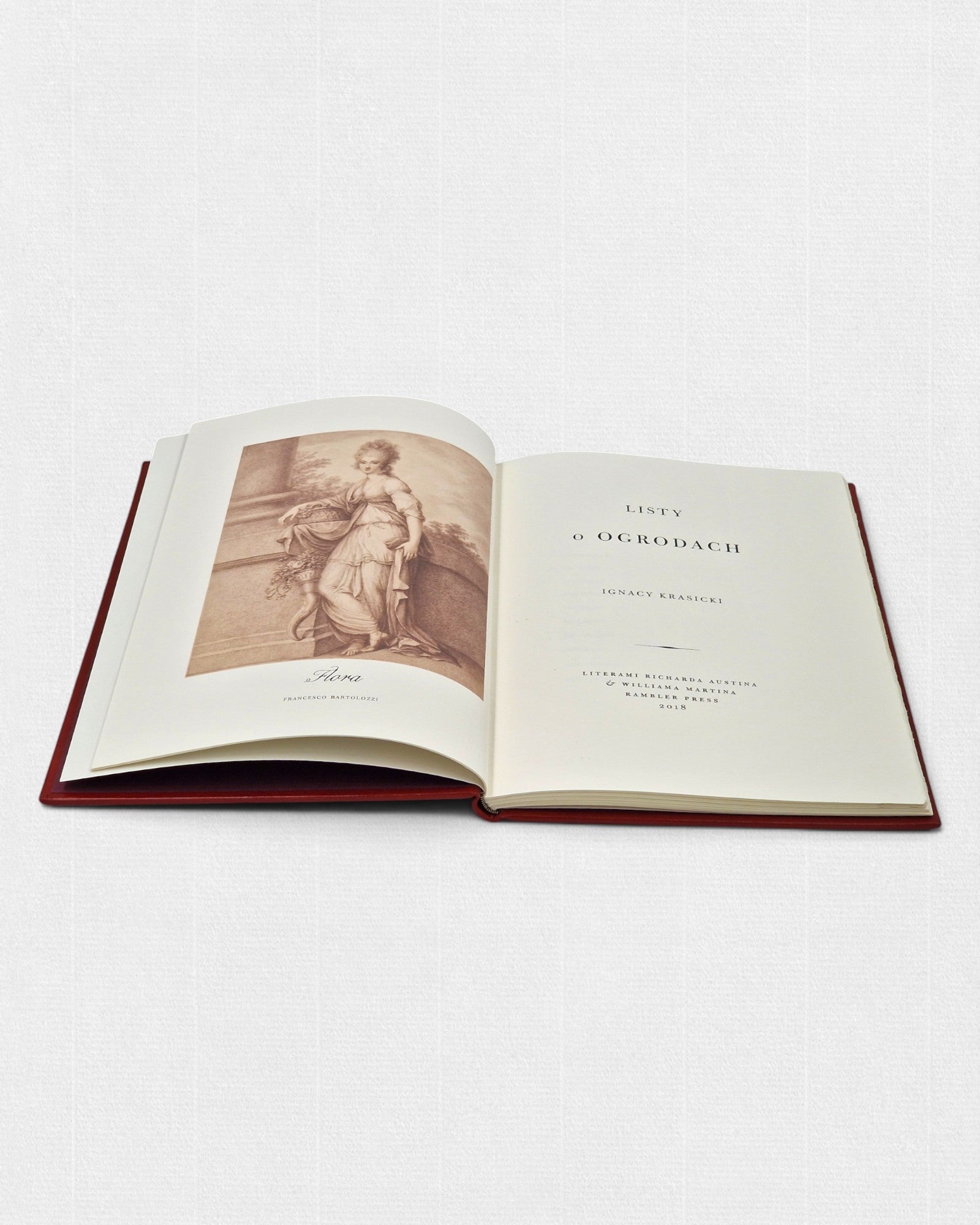 Ignacy Krasicki „Listy o ogrodach” — strona tytułowa i frontyspis wydania kolekcjonerskiego Rambler Press z grafiką „Flora” Francesca Bartolozziego, książka drukowana klasyczną typografią na papierze Fabriano Tiepolo, inspirowana dawną sztuką książki.