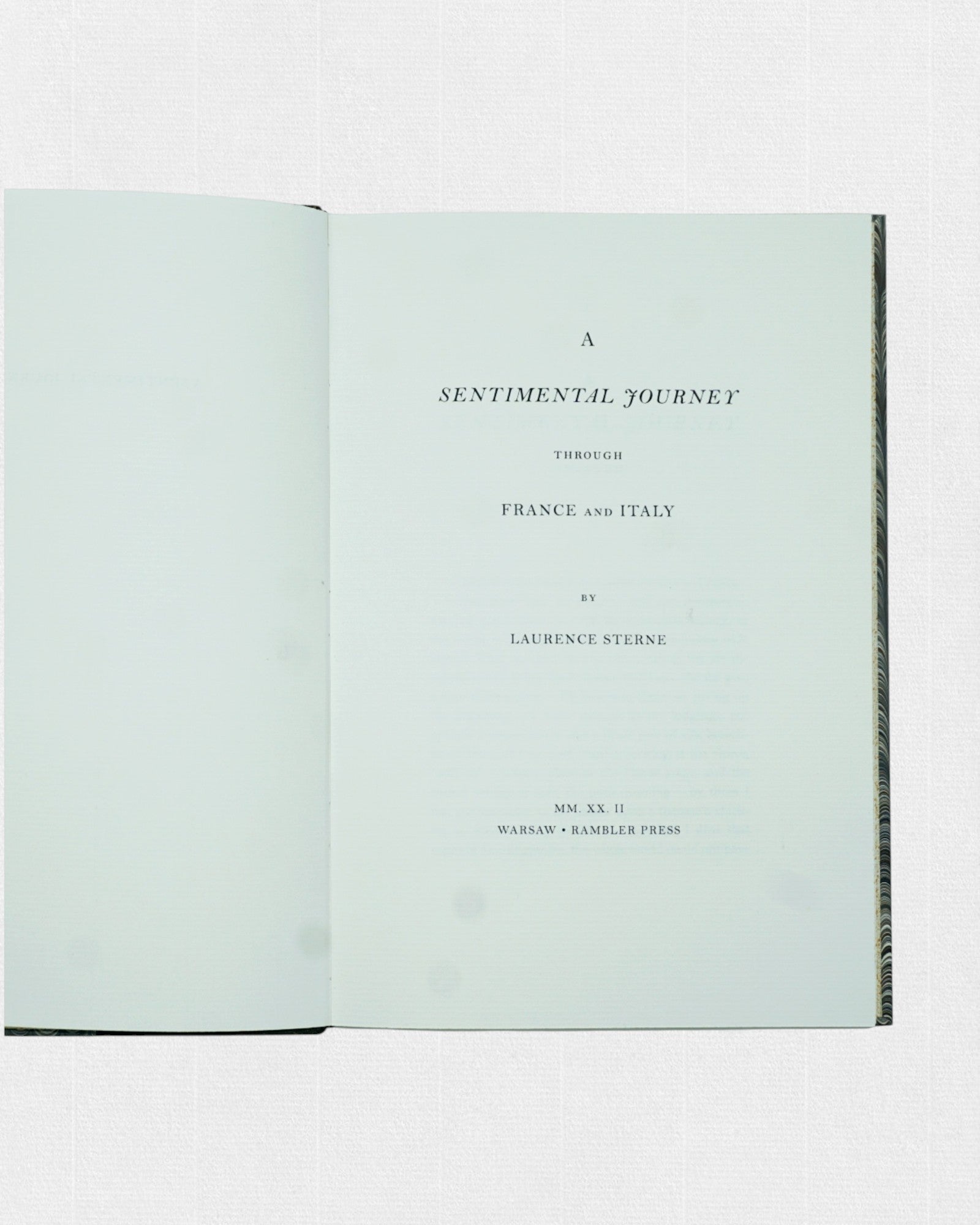 Strona tytułowa kolekcjonerskiego wydania „A Sentimental Journey Through France and Italy” Laurence’a Sterne’a przygotowanego przez Rambler Press.
