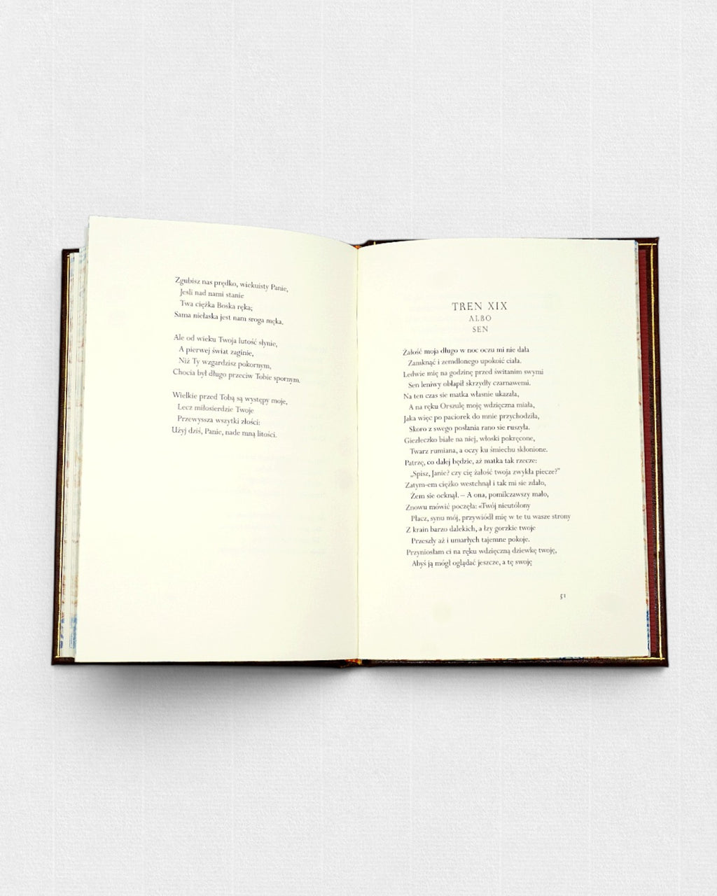 Otwarta książka Treny Jana Kochanowskiego, wydanie bibliofilskie Rambler Press, Tren XIX albo Sen, klasyczna typografia i ręczna oprawa
